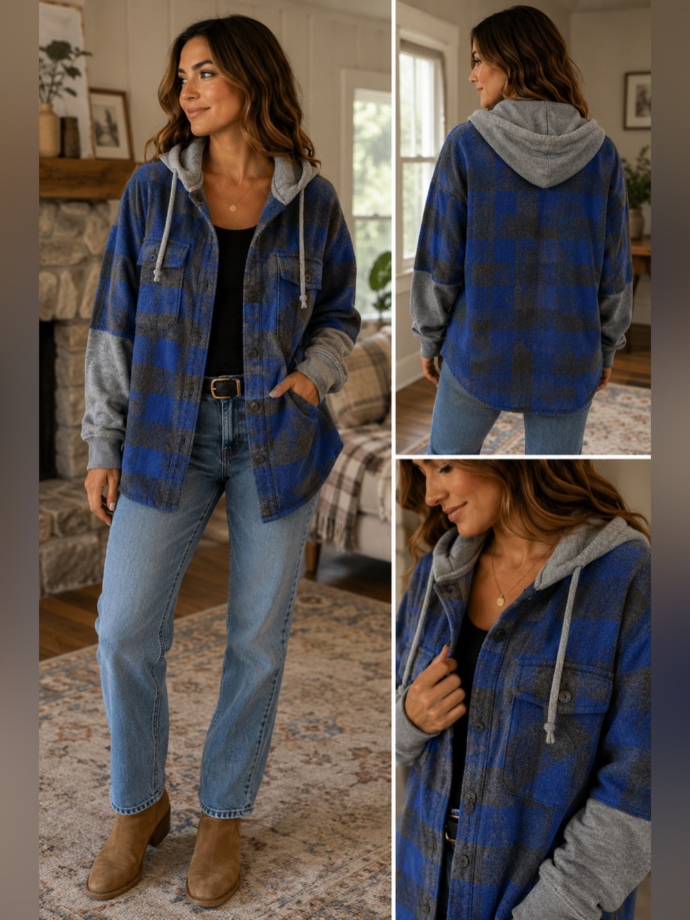 Oli & Hali Blue and Gray Plaid Hooded Shacket-NWOT-Size Large